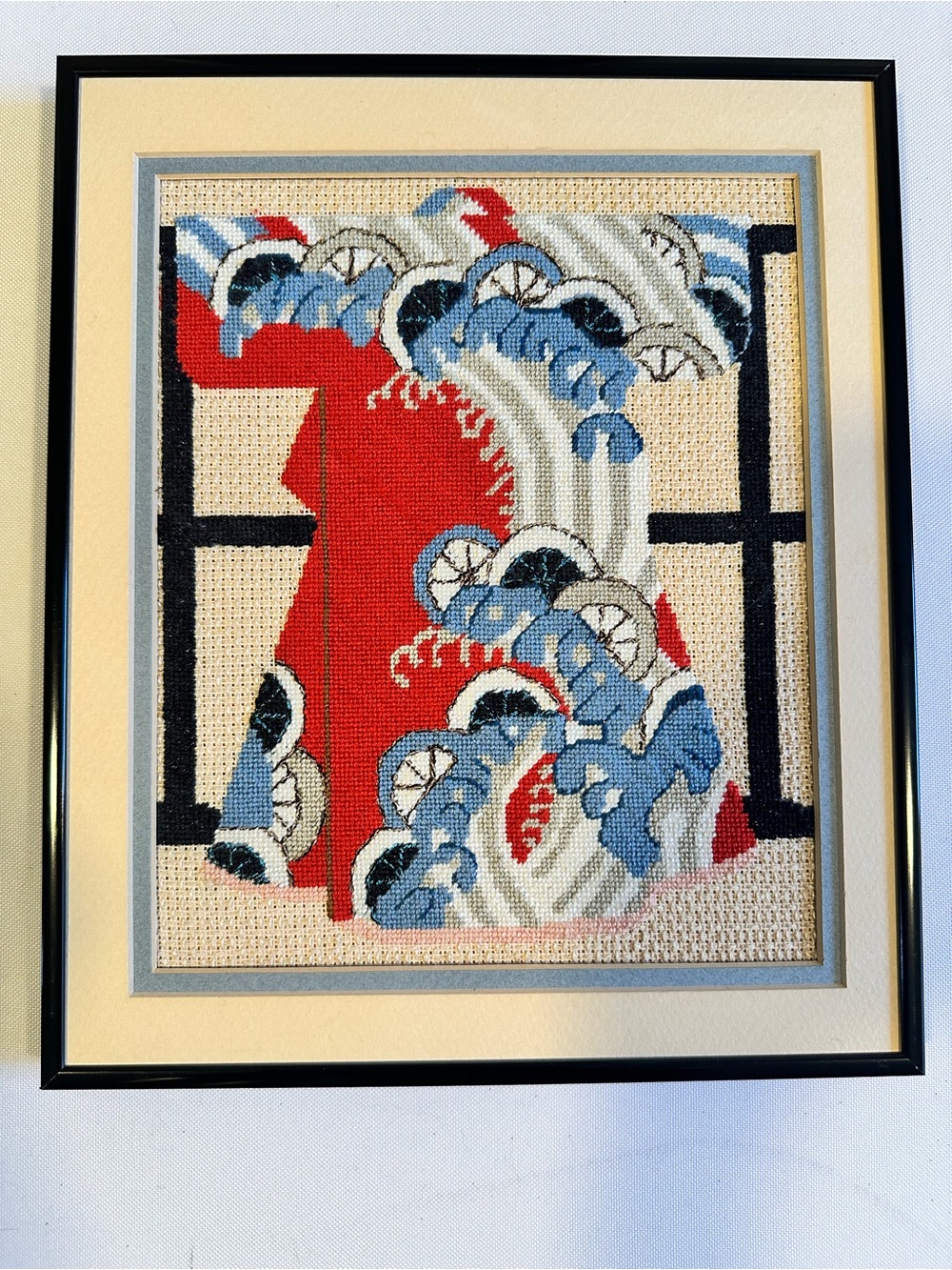 Vintage Red and Blue Wave Kimono Needlepoint Art